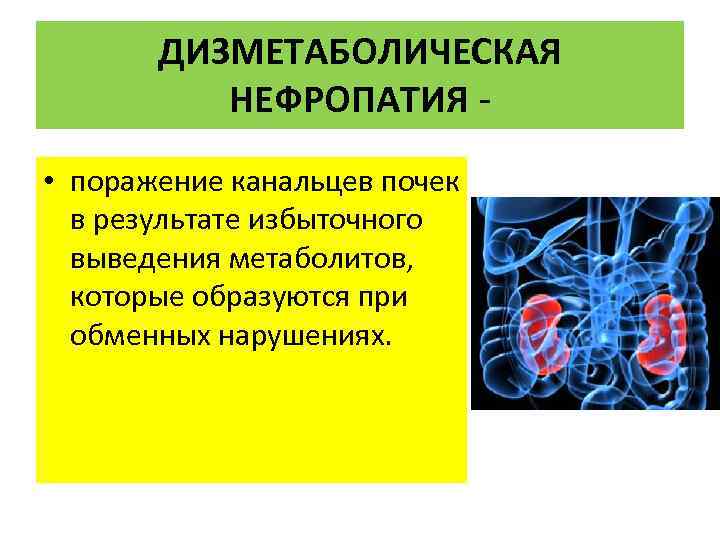 ДИЗМЕТАБОЛИЧЕСКАЯ НЕФРОПАТИЯ • поражение канальцев почек в результате избыточного выведения метаболитов, которые образуются при