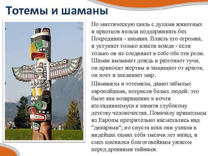 Тотемы и шаманы Но мистическую связь с духами животных и праотцов нельзя поддерживать без