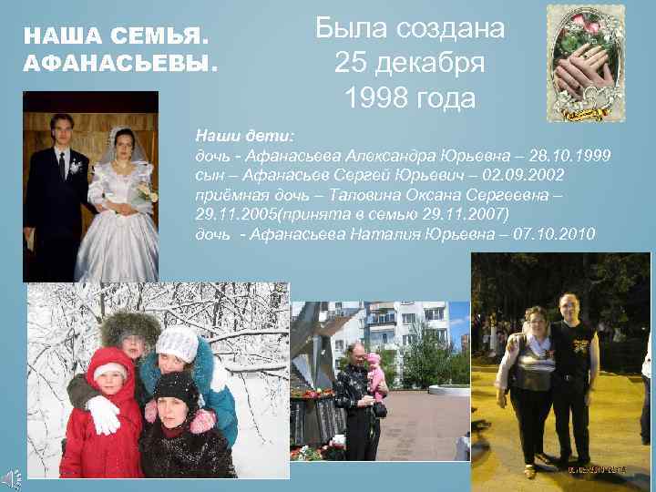 НАША СЕМЬЯ. АФАНАСЬЕВЫ. Была создана 25 декабря 1998 года Наши дети: дочь - Афанасьева