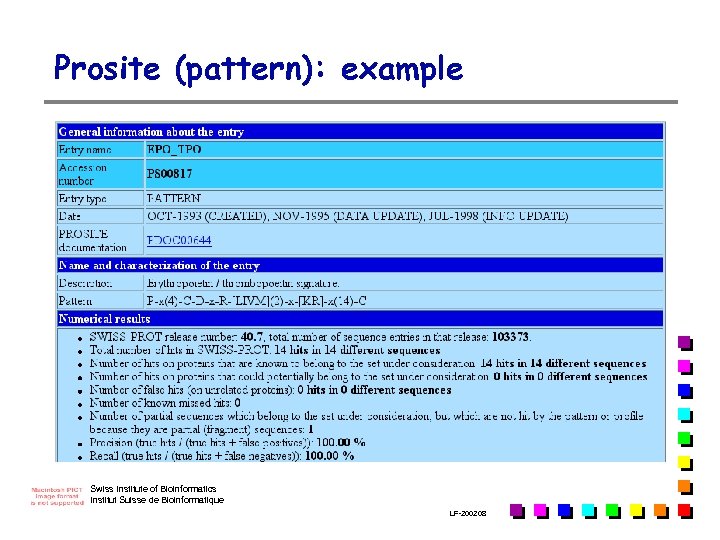 Prosite (pattern): example Swiss Institute of Bioinformatics Institut Suisse de Bioinformatique LF-2002. 08 