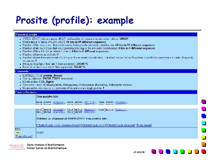 Prosite (profile): example Swiss Institute of Bioinformatics Institut Suisse de Bioinformatique LF-2002. 08 