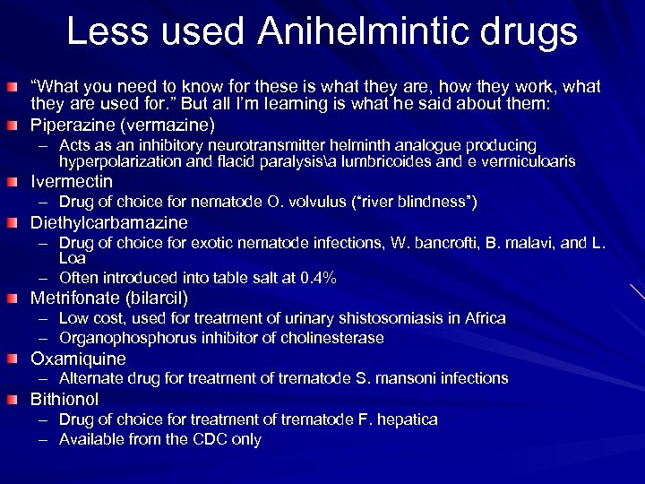 Less used Anihelmintic drugs “What you need to know for these is what they