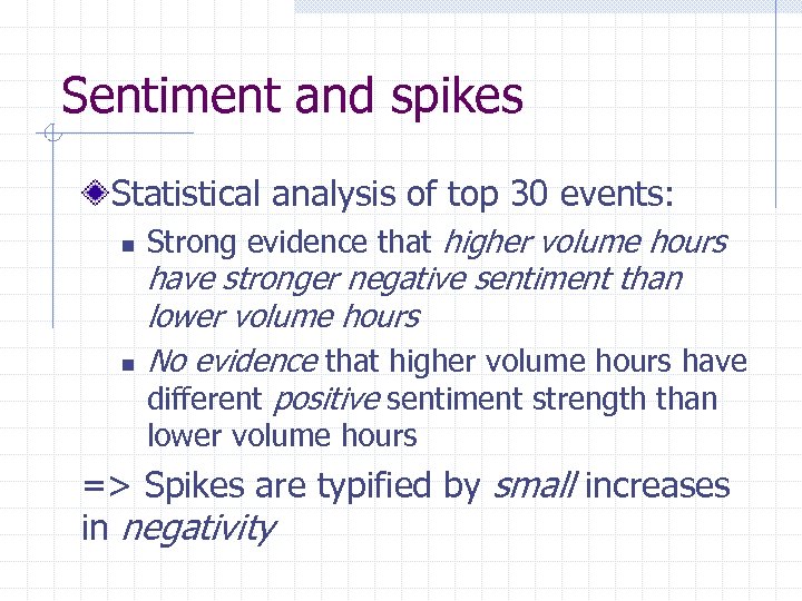 Sentiment and spikes Statistical analysis of top 30 events: n n Strong evidence that