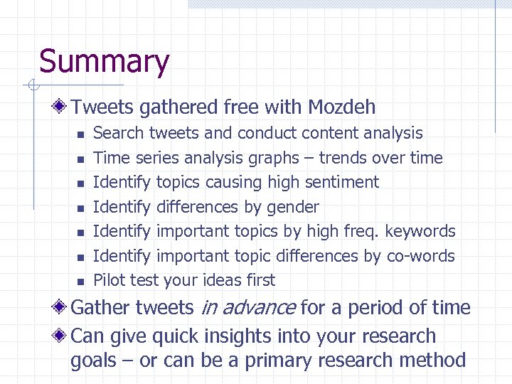 Summary Tweets gathered free with Mozdeh n n n n Search tweets and conduct