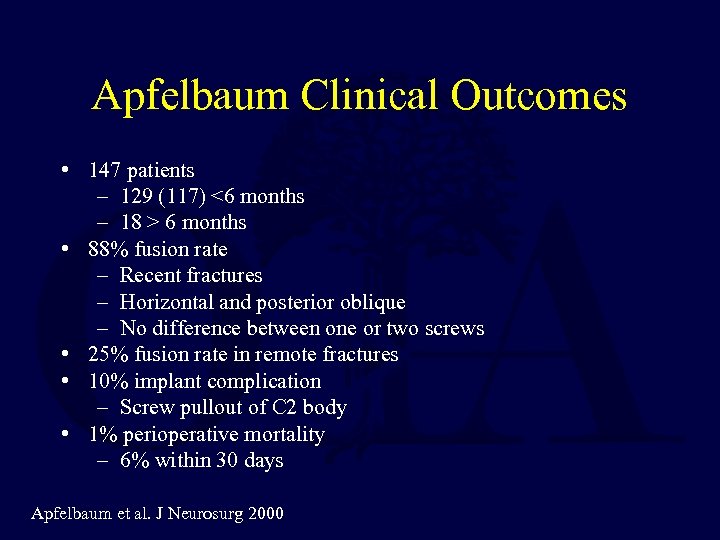 Apfelbaum Clinical Outcomes • 147 patients – 129 (117) <6 months – 18 >