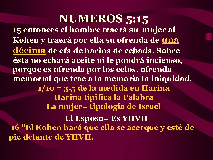 NUMEROS 5: 15 15 entonces el hombre traerá su mujer al Kohen y traerá