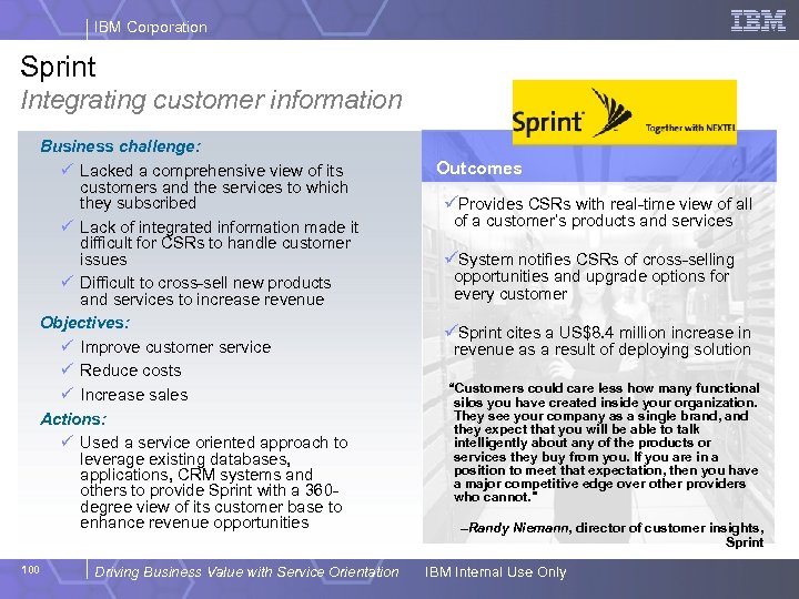 IBM Corporation Sprint Integrating customer information Business challenge: ü Lacked a comprehensive view of