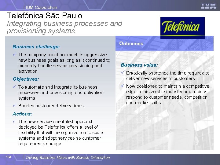 IBM Corporation Telefónica São Paulo Integrating business processes and provisioning systems Business challenge: ü