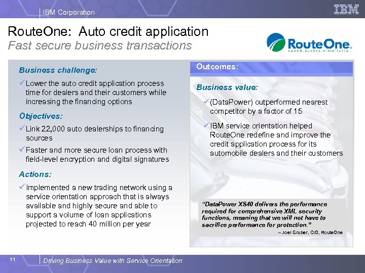 IBM Corporation Route. One: Auto credit application Fast secure business transactions Business challenge: Outcomes: