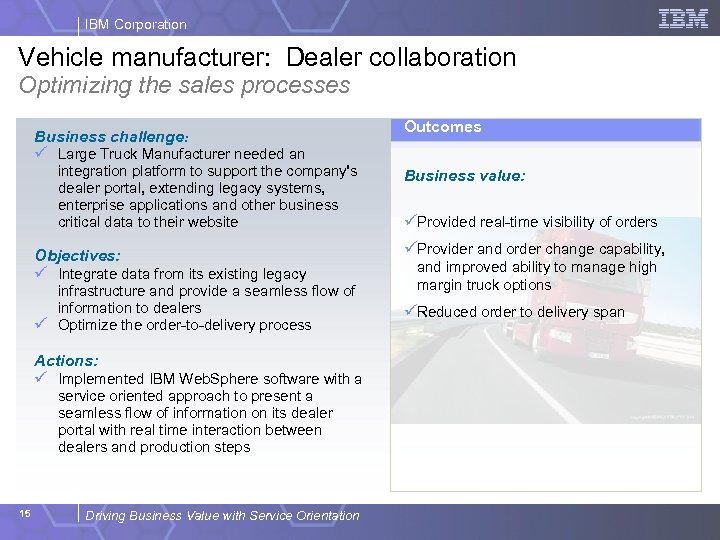 IBM Corporation Vehicle manufacturer: Dealer collaboration Optimizing the sales processes Business challenge: Outcomes ü