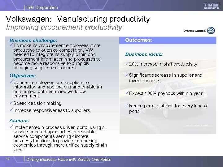 IBM Corporation Volkswagen: Manufacturing productivity Improving procurement productivity Business challenge: üTo make its procurement