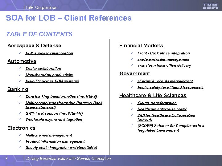 IBM Corporation SOA for LOB – Client References TABLE OF CONTENTS Aerospace & Defense