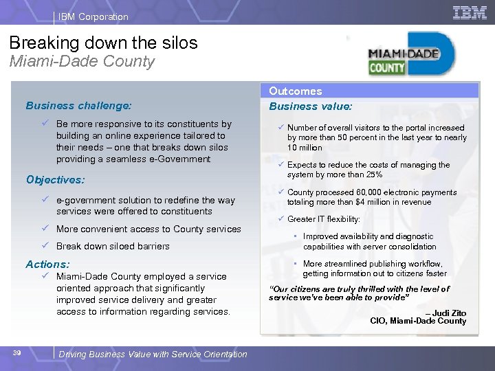 IBM Corporation Breaking down the silos Miami-Dade County Business challenge: ü Be more responsive