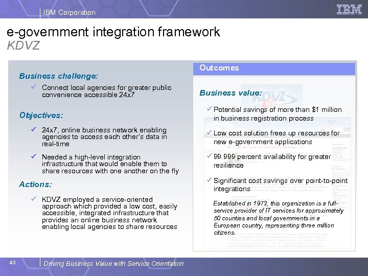 IBM Corporation e-government integration framework KDVZ Business challenge: ü Connect local agencies for greater