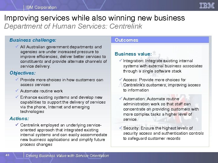 IBM Corporation Improving services while also winning new business Department of Human Services: Centrelink