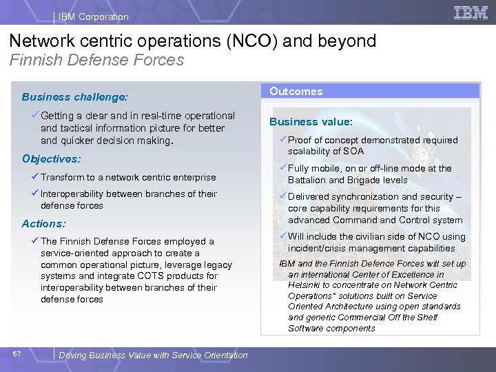 IBM Corporation Network centric operations (NCO) and beyond Finnish Defense Forces Business challenge: ü
