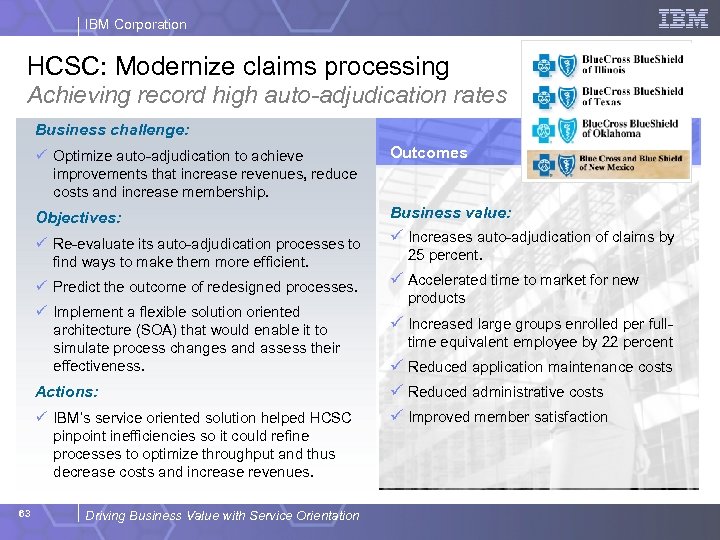 IBM Corporation HCSC: Modernize claims processing Achieving record high auto-adjudication rates Business challenge: ü
