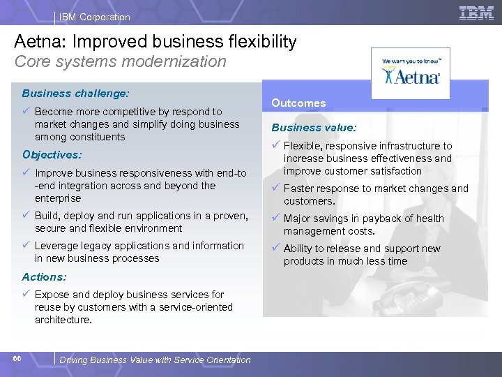 IBM Corporation Aetna: Improved business flexibility Core systems modernization Business challenge: ü Become more