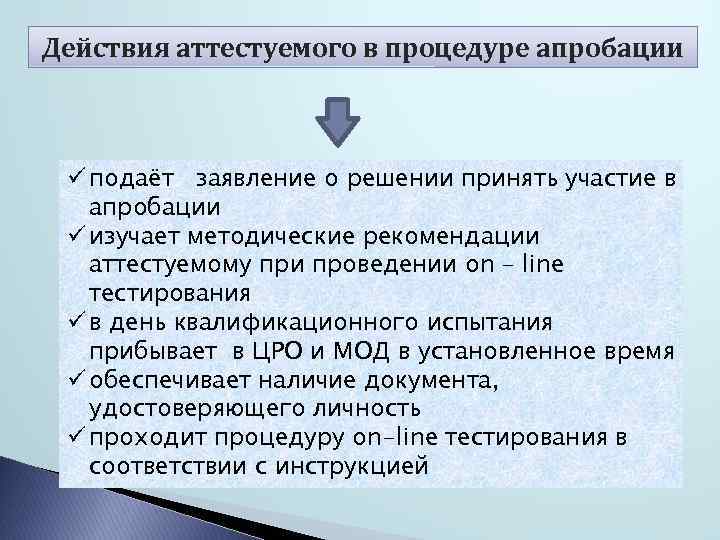 Действия аттестуемого в процедуре апробации ü подаёт заявление о решении принять участие в апробации