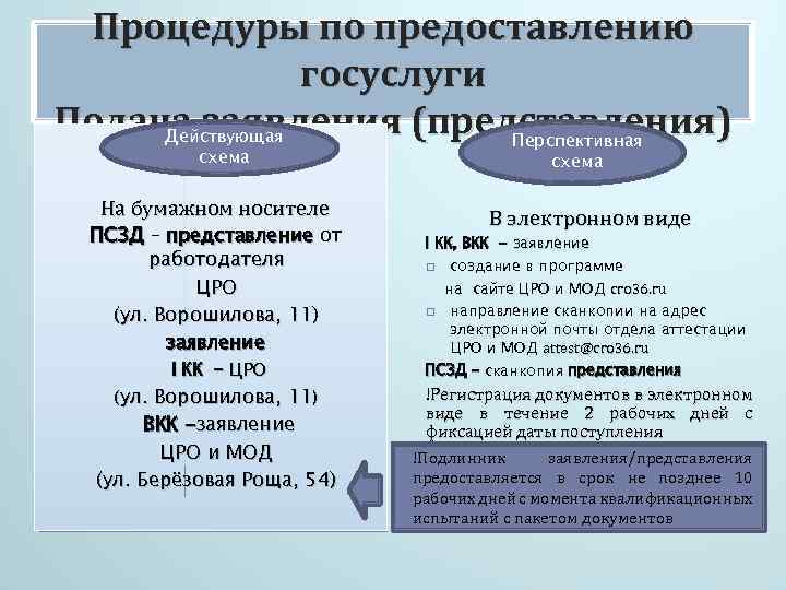 Процедуры по предоставлению госуслуги Подача заявления (представления) Действующая Перспективная схема На бумажном носителе ПСЗД