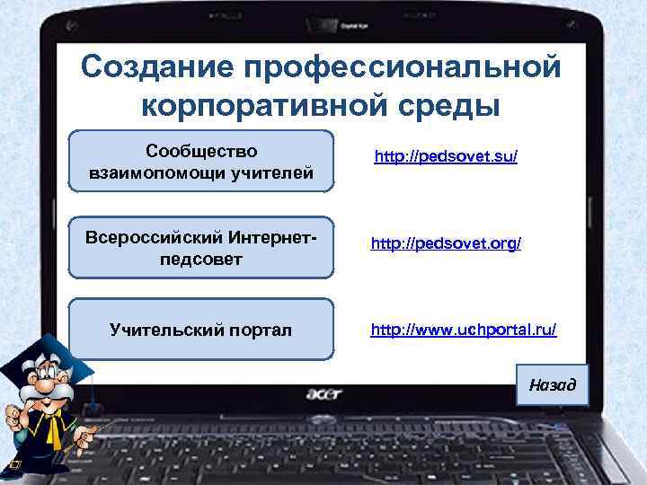 Создание профессиональной корпоративной среды Сообщество взаимопомощи учителей http: //pedsovet. su/ Всероссийский Интернетпедсовет http: //pedsovet.