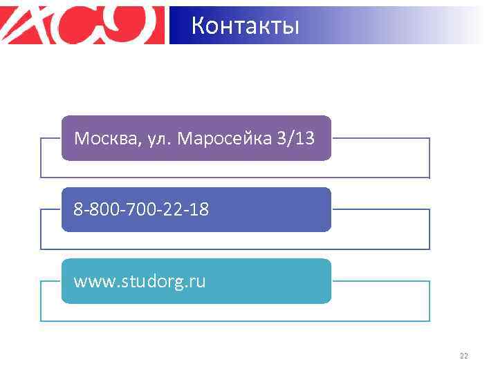 Контакты Москва, ул. Маросейка 3/13 8 -800 -700 -22 -18 www. studorg. ru 22