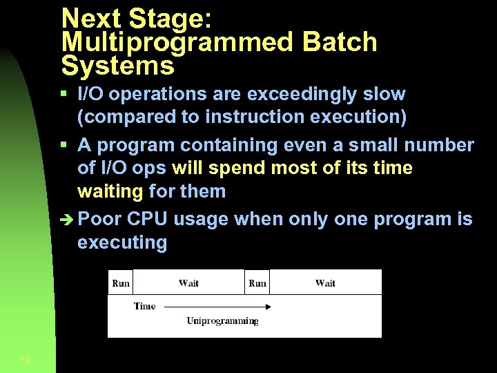 Next Stage: Multiprogrammed Batch Systems § I/O operations are exceedingly slow (compared to instruction