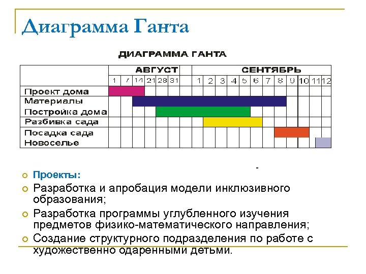 Диаграмма Ганта Проекты: Разработка и апробация модели инклюзивного образования; Разработка программы углубленного изучения предметов