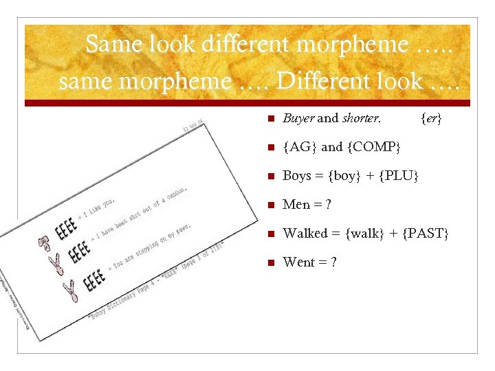 Same look different morpheme …. . same morpheme …. Different look …. n Buyer