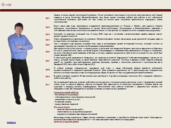 О нас 2001 Начало истории нашей строительной компании. После окончания строительного института, меня пригласил