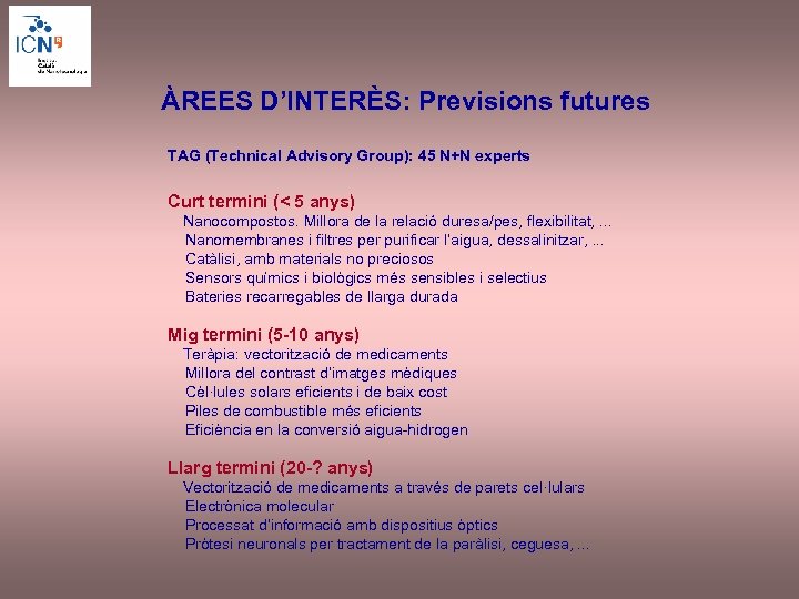 ÀREES D’INTERÈS: Previsions futures TAG (Technical Advisory Group): 45 N+N experts Curt termini (<