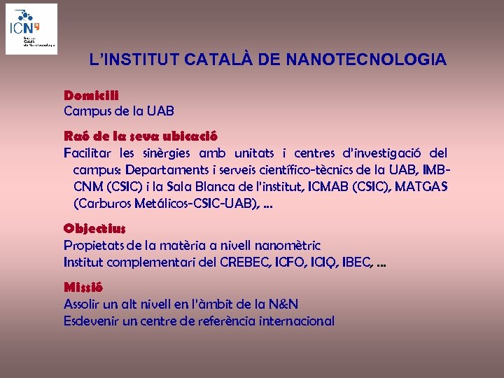 L’INSTITUT CATALÀ DE NANOTECNOLOGIA Domicili Campus de la UAB Raó de la seva ubicació