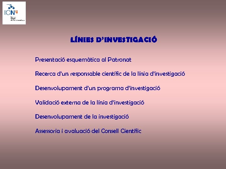 LÍNIES D’INVESTIGACIÓ Presentació esquemàtica al Patronat Recerca d’un responsable científic de la línia d’investigació