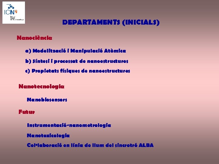 DEPARTAMENTS (INICIALS) Nanociència a) Modelització i Manipulació Atòmica b) Síntesi i processat de nanoestructures