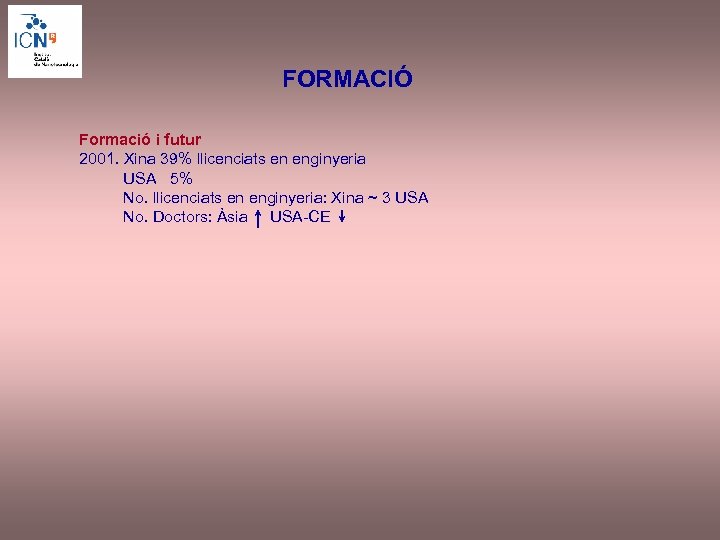 FORMACIÓ Formació i futur 2001. Xina 39% llicenciats en enginyeria USA 5% No. llicenciats