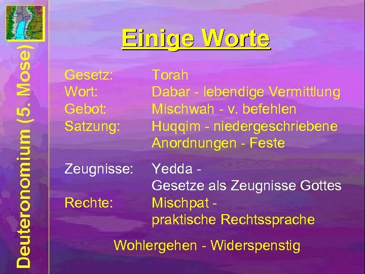 Einige Worte Gesetz: Wort: Gebot: Satzung: Torah Dabar - lebendige Vermittlung Mischwah - v.