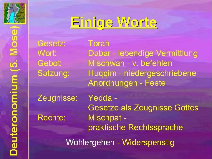 Einige Worte Gesetz: Wort: Gebot: Satzung: Torah Dabar - lebendige Vermittlung Mischwah - v.