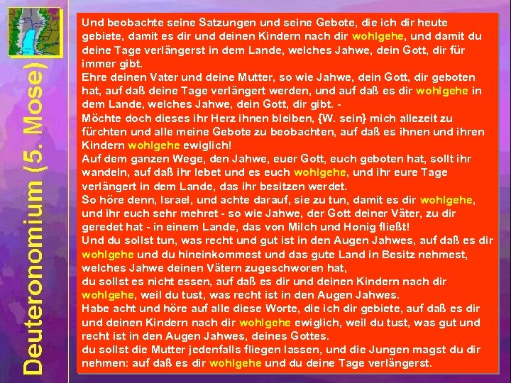 Und beobachte seine Satzungen und seine Gebote, die ich dir heute gebiete, damit es