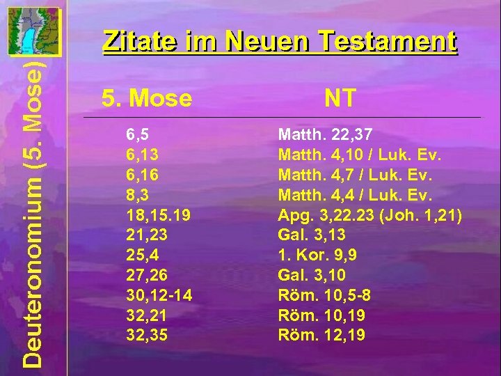 Zitate im Neuen Testament 5. Mose 6, 5 6, 13 6, 16 8, 3