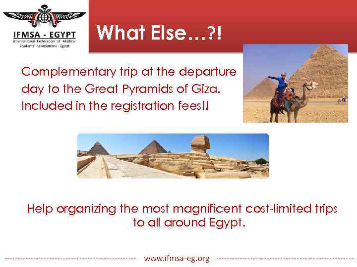 What Else…? ! Complementary trip at the departure day to the Great Pyramids of