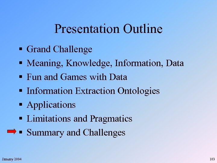 Presentation Outline § § § § January 2004 Grand Challenge Meaning, Knowledge, Information, Data