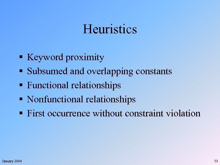 Heuristics § § § January 2004 Keyword proximity Subsumed and overlapping constants Functional relationships