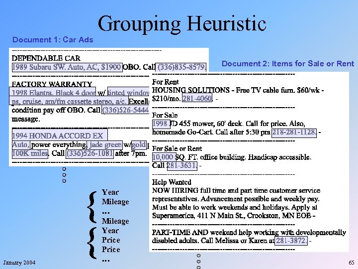 Grouping Heuristic Document 1: Car Ads Document 2: Items for Sale or Rent January