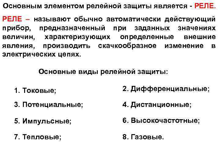 Основным элементом релейной защиты является - РЕЛЕ – называют обычно автоматически действующий прибор, предназначенный