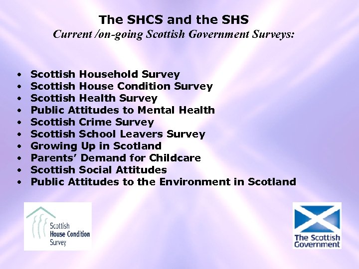 The SHCS and the SHS Current /on-going Scottish Government Surveys: • • • Scottish