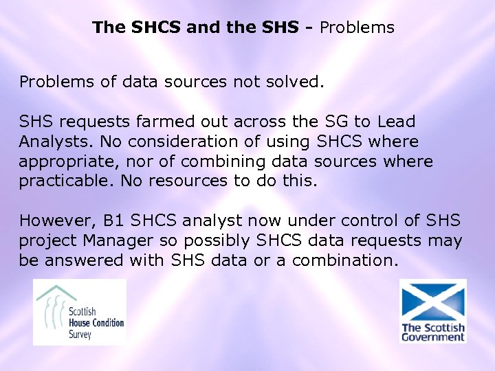 The SHCS and the SHS - Problems of data sources not solved. SHS requests