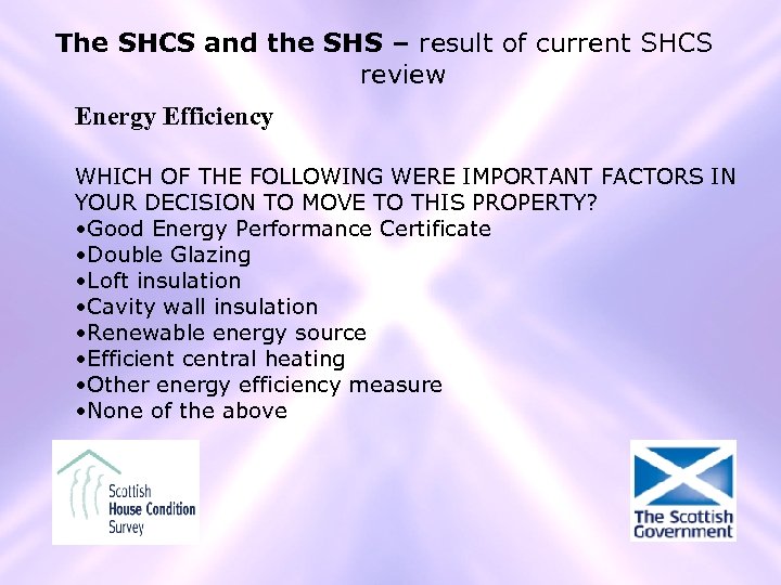 The SHCS and the SHS – result of current SHCS review Energy Efficiency WHICH