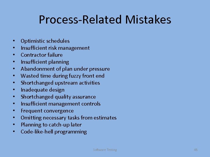 Process-Related Mistakes • • • • Optimistic schedules Insufficient risk management Contractor failure Insufficient