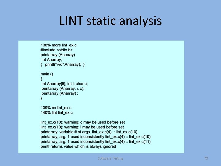 LINT static analysis Software Testing 70 