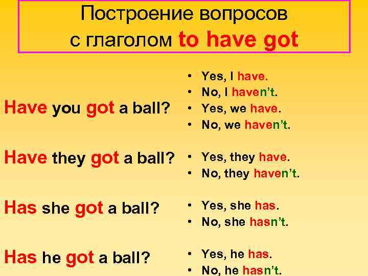 Построение вопросов с глаголом to have got Have you got a ball? • •